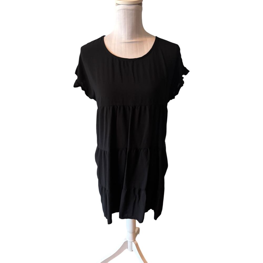 Women's Black Flutter Sleeve Tiered Dress Size M